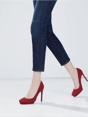 Zara Red Suede Slip-On High-Heel Platform Pumps. Size 6